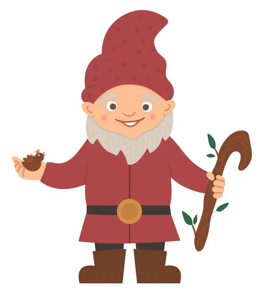 Vector cute garden gnome. Funny dwarf with bird, and stick isola — 스톡 벡터