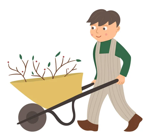Vector illustration of a boy pulling wheelbarrow isolated on whi Royalty Free Stock Illustrations