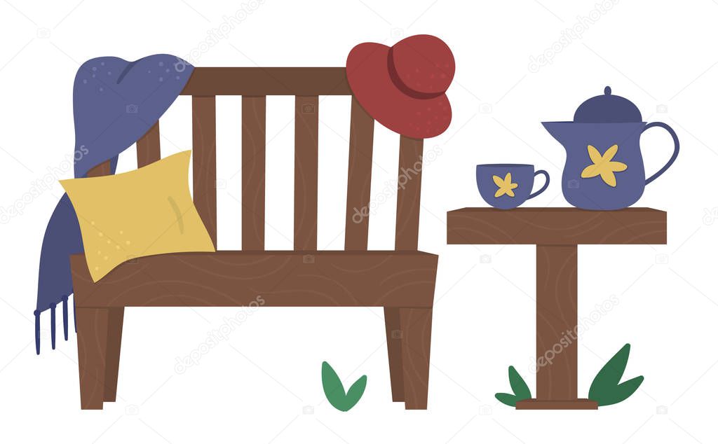 Vector illustration of garden bench with plaid, cushion, hat, ta