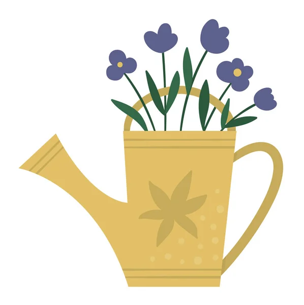 Vector flat trendy yellow watering can with purple flowers. Gard — 스톡 벡터