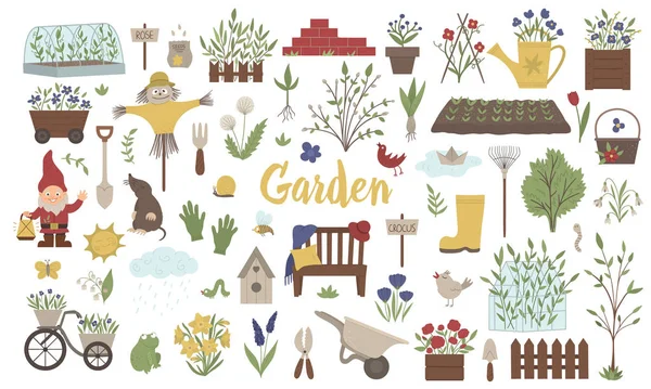 Vector gran conjunto de cosas de jardín de colores, herramientas, flores, hierbas , — Vector de stock