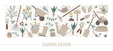 Vector horizontal layout set with garden tools, flowers, herbs, 