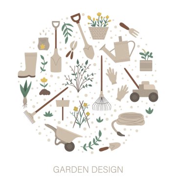 Vector round frame with garden tools, flowers, herbs, plants. Ga