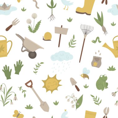 Vector seamless pattern with garden things, tools, flowers, herb