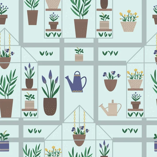 Vector greenhouse seamless pattern with plants in pots and flowe — 스톡 벡터