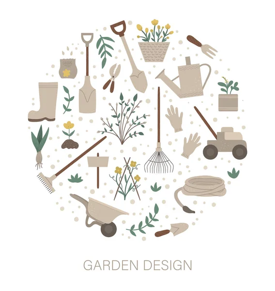 Vector round frame with garden tools, flowers, herbs, plants. Ga — Stock vektor