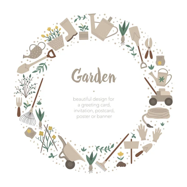 Vector round frame with garden tools, flowers, herbs, plants. Ga — Stock vektor