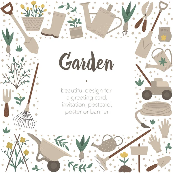 Vector square frame with garden tools, flowers, herbs, plants. G — Stock Vector