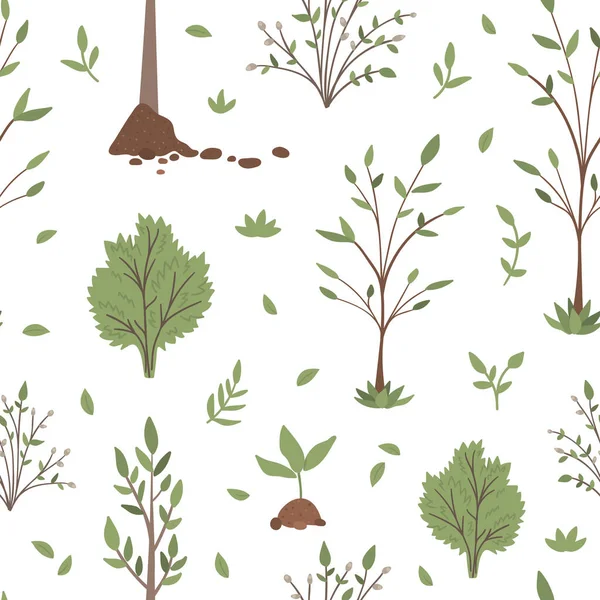 Vector naadloos patroon met bomen, planten, struiken, struiken, twijg — Stockvector