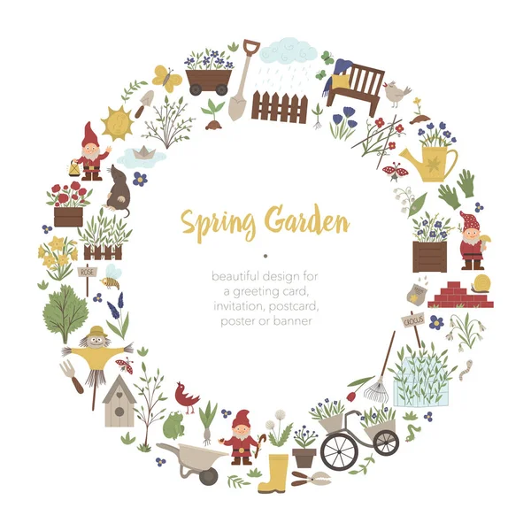 Quadro redondo do vetor com ferramentas de jardim springy, flores, ervas, pl —  Vetores de Stock