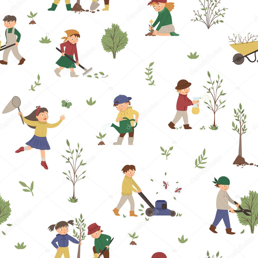 Vector seamless pattern with children doing garden work. Spring 