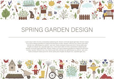 Vector horizontal layout frame with garden tools, flowers, herbs