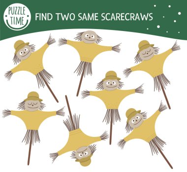 Find two same scarecrows. Garden or farm themed matching activit