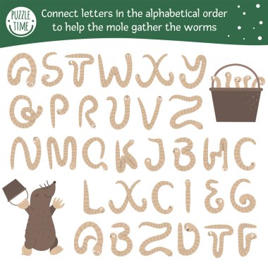 Spring ABC game with cute characters. Garden alphabet maze activ
