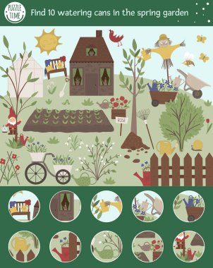 Vector searching game for children with watering cans in spring 