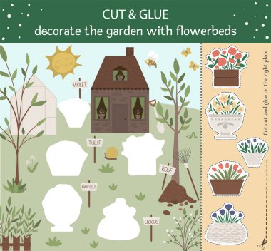 Vector garden cut and glue for children. Spring educational acti