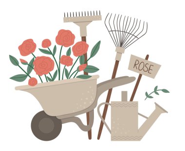 Vector illustration of colorful garden wheel barrow with rose fl