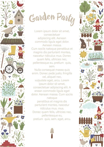 Marco de diseño vertical vectorial con herramientas de jardín, flores, hierbas , — Vector de stock