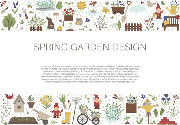 Marco de diseño horizontal vectorial con herramientas de jardín, flores, hierbas — Vector de stock