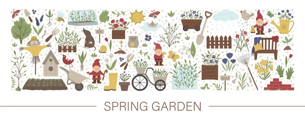 Vector horizontal layout set with garden tools, flowers, herbs, — 스톡 벡터