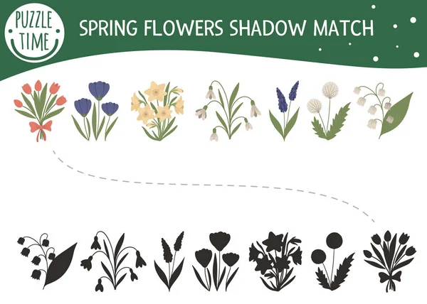Atividade de correspondência de sombras para crianças com flores de primavera. Presc —  Vetores de Stock