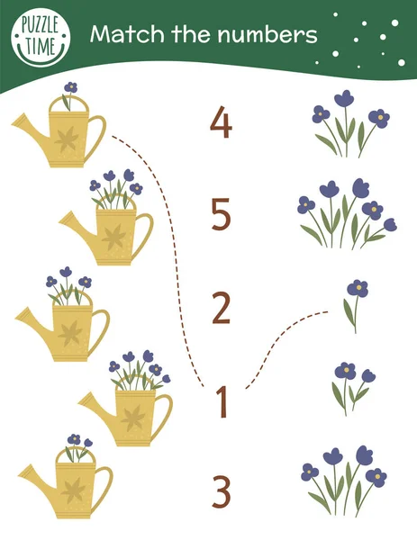 Matching game with watering cans and flowers. Garden math activi — 图库矢量图片
