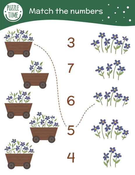 Matching game with flowerbed and flowers. Garden math activity f