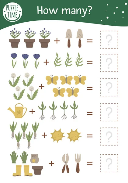 Math game with garden symbols. Spring mathematic activity for pr — 图库矢量图片
