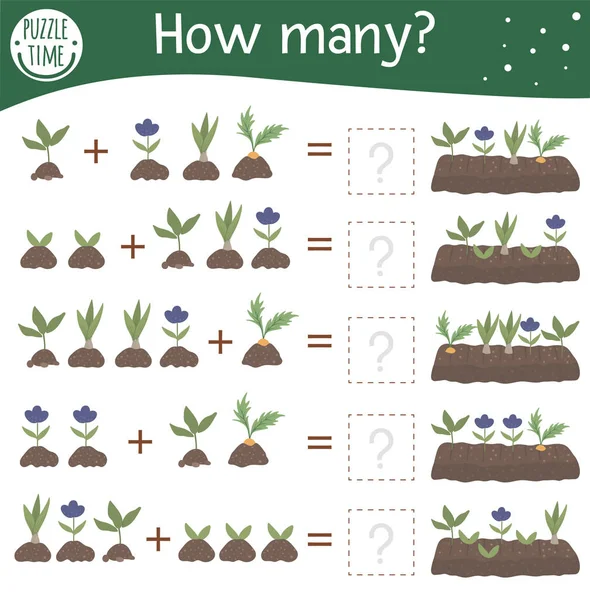 Math game with plants in a bed. Spring mathematic activity for p — 图库矢量图片