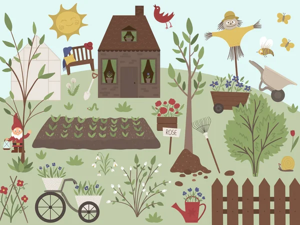 Vector illustration of garden with tools, flowers, herbs, plants — Stok Vektör