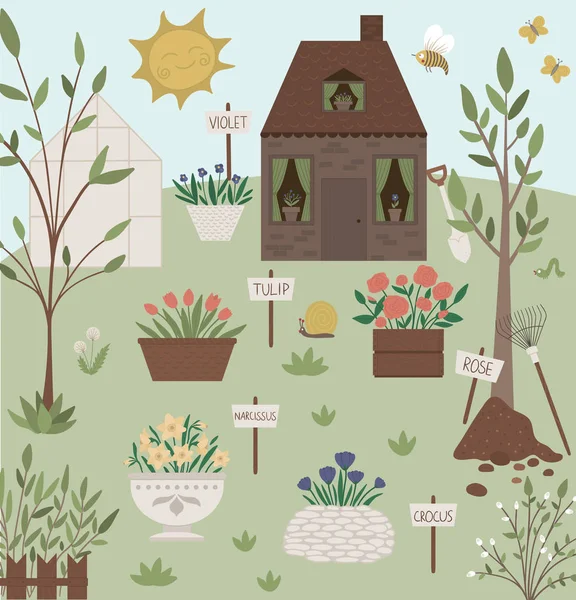 Vector illustratie van tuin met bloembedden met naamplaten. — Stockvector