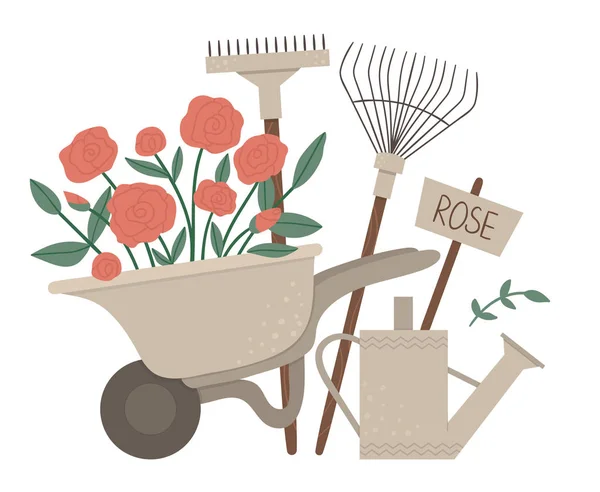 Vector illustration of colorful garden wheel barrow with rose fl — Stok Vektör