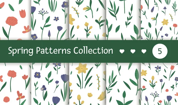 Vector set of seamless patterns with different flower elements. — 스톡 벡터
