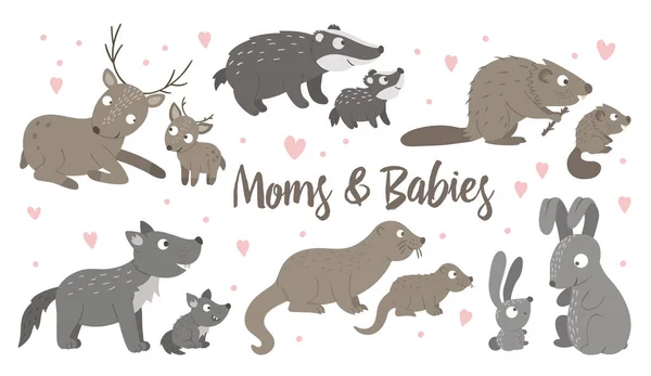 Vector set of hand drawn flat baby animals with parents. Funny w — Stock Vector