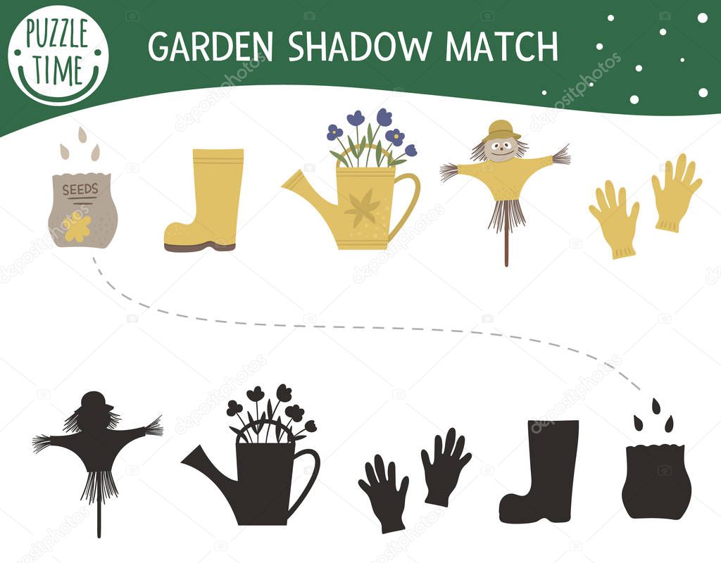 Shadow matching activity for children with garden symbols. Presc