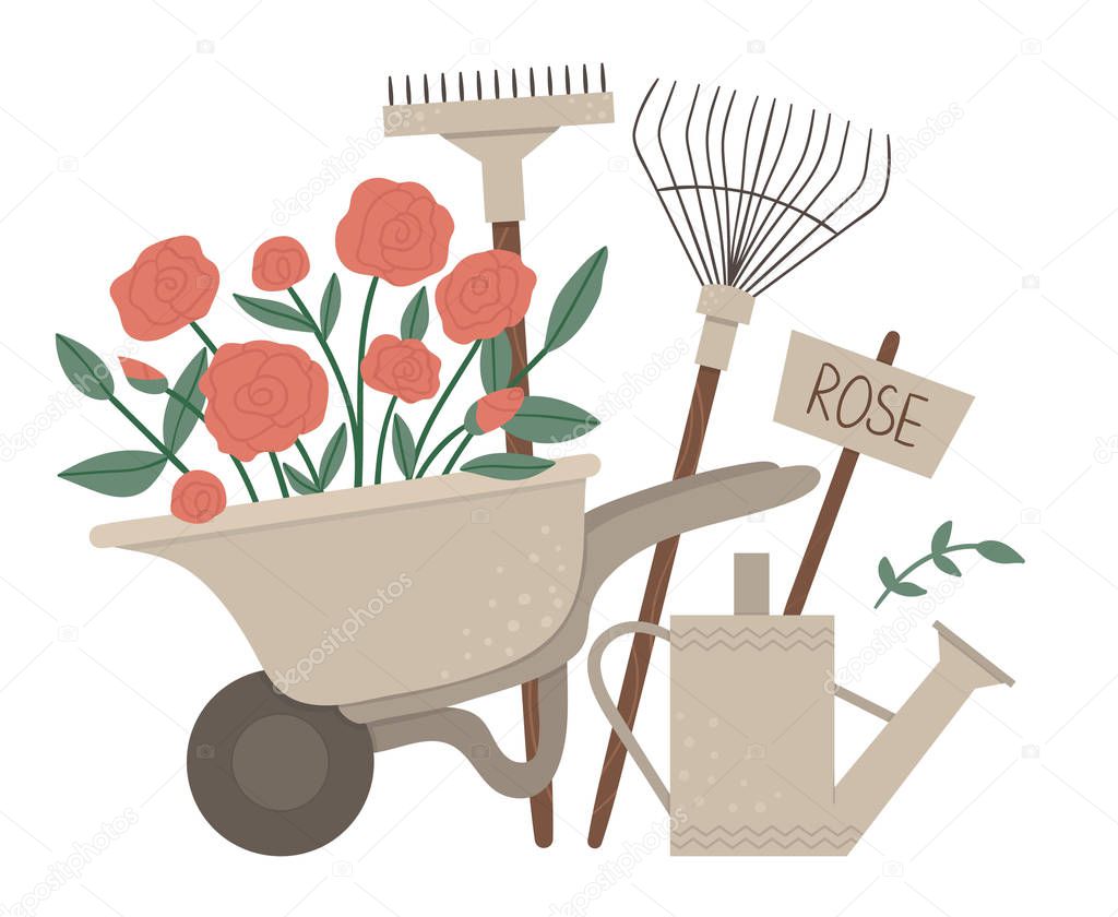 Vector illustration of colorful garden wheel barrow with rose fl