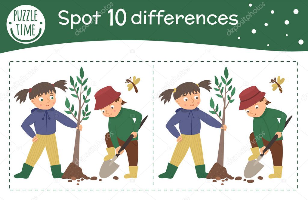 Spring find differences game for children. Garden preschool acti