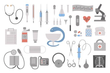 Bir dizi vektör düz tıbbi ikon. İlaç ya da sağlık sigortası, araştırma koleksiyonu. Sağlık ve laboratuvar ekipmanları beyaz arka planda izole edilmiş. Sağlık kontrolü ya da tedavi videosu ar