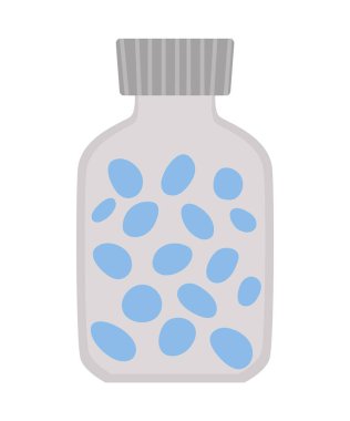 İlaç ikonlu vektör düz kavanoz. Tıbbi resim beyaz arkaplanda izole edilmiş. Sağlık, araştırma ve laboratuvar konsepti. Sağlık kontrolü ya da tedavi videosu ar