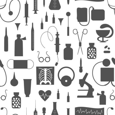 Düz tıbbi siluet simgeleriyle vektörsüz desen. Tıp ya da sağlık sigortası, araştırma geçmişi. Sağlık hizmetleri ve laboratuvar ekipmanları dijital kağıt. Sağlık kontrolü veya tedavi metni