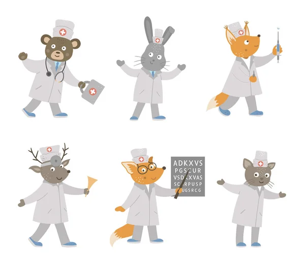 Set Von Vektortierärzten Nette Lustige Charaktere Medizinisches Bild Für Kinder — Stockvektor