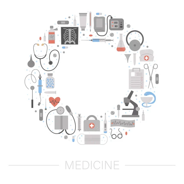 기구와 도구들로 이루어진 틀이야 의학적 요소들은 원형으로 디자인입니다 귀여운 템플릿 — 스톡 벡터