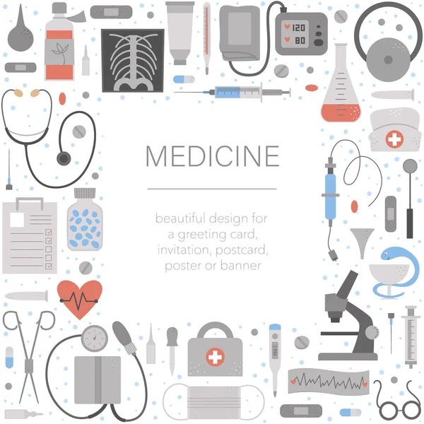 Cadre Carré Vectoriel Avec Équipement Médical Outils Éléments Médecine Conception — Image vectorielle