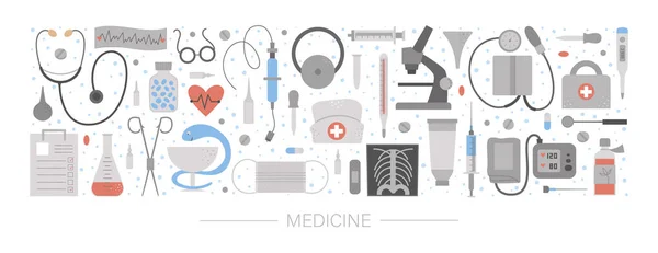 Векторная Горизонтальная Компоновка Медицинским Оборудованием Инструментами Дизайн Баннера Элементов Медицины — стоковый вектор