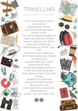 Hareket eden nesnelerle vektör dikey düzeni. Seyahat unsurları pankart tasarımı. Seyahat ya da tatil unsurlarıyla sevimli komik kart şablonu