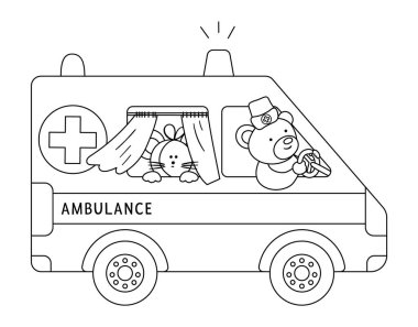 İçinde sevimli hayvanlar olan vektör hatlı ambulans. Hasta fareyle acil servis arabası kullanan ayı doktoru. Çocuklar için komik bir tıbbi nakliye sayfası