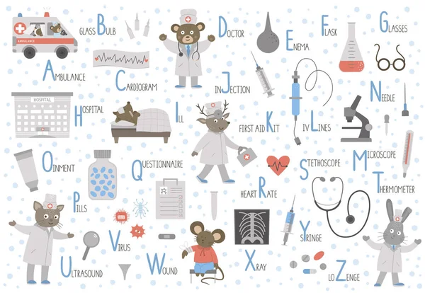 Alfabet Medyczny Dla Dzieci Cute Płaski Abc Symbolami Opieki Zdrowotnej — Wektor stockowy