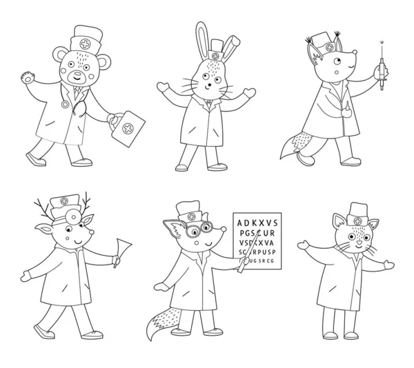 Set Von Vektorumrissen Tierärzte Nette Lustige Charaktere Medizinische Malseite Für — Stockvektor