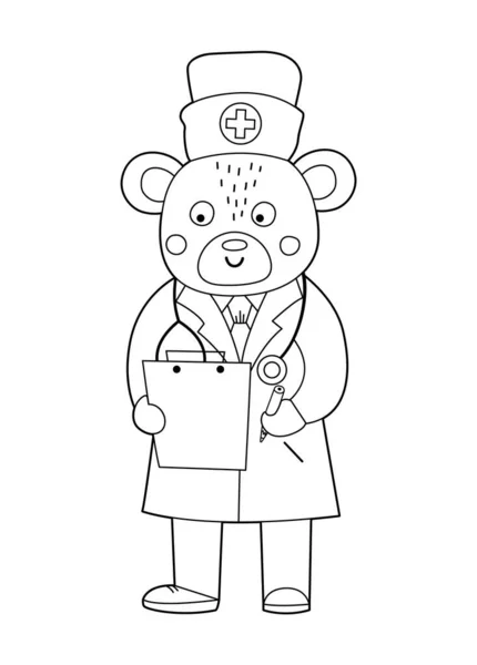Vector Esboço Urso Médico Com Estetoscópio Escrever Uma Anamnese Personagem — Vetor de Stock