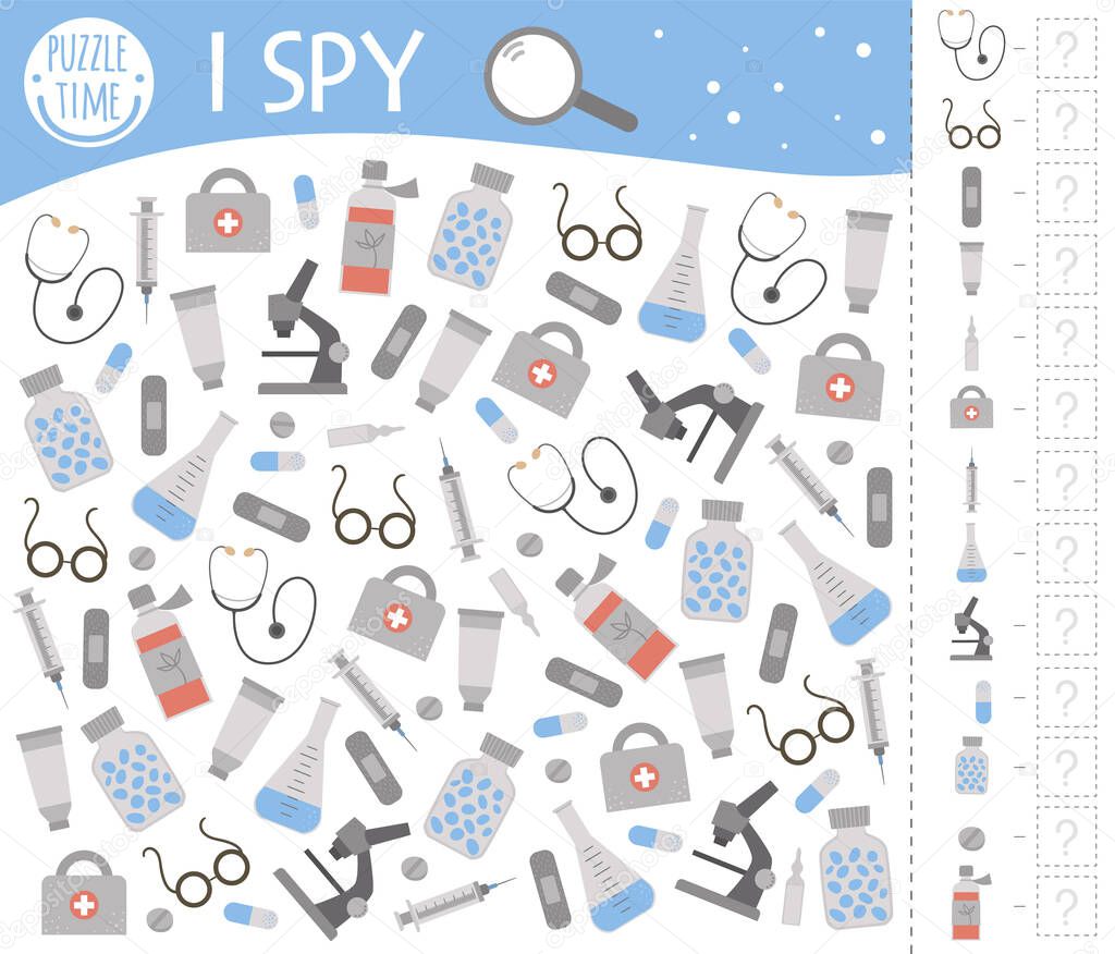 Medical I spy game for kids. Healthcare themed searching and counting activity for preschool children with cute elements. Funny health check game for kids. Logical quiz worksheet